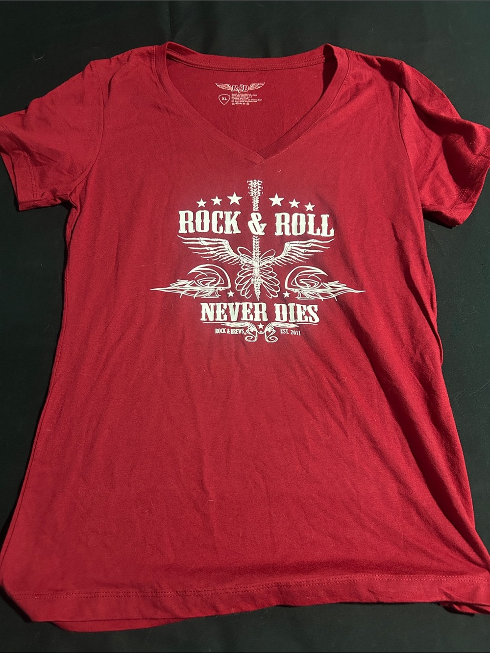 Women's Red V-Neck Graphic Tee - Rock & Roll Design